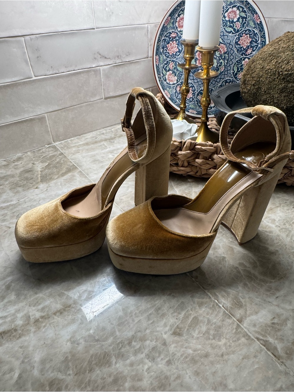 Gianni Bini Velvet Platform Block Heel Pumps 
 in Gold - Picture 3 of 8